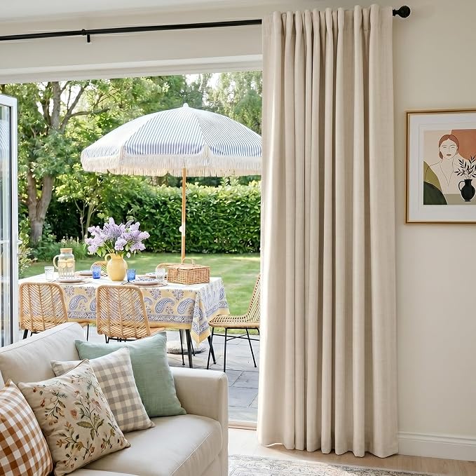 INOVADAY Extra Wide 100% Blackout Linen Curtains for Bedroom 102x96 Oatmeal | Linen Textured, Light Blocking, Room Darkening, Thermal Insulated, Back Tab Top, Window Curtains for Sliding Door, 1 Panel