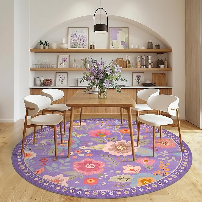 RELEANY Floral Washable Round 8ft Area Rug Purple/Pink | Flower Carpet, Print, Boho, Non-Slip, Easy to Clean, Soft, Low Pile for Living Room Bedroom Kitchen Office Entryway Hallway