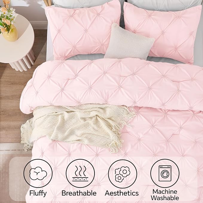 BEDELITE Queen Comforter Set Baby Pink,Lightweight & Soft Comforter | Pintuck Boho Bedding, Warm & Cute Bed Set for All Season,With 2 Pillowcases