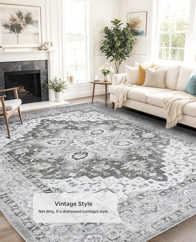 AMADA HOMEFURNISHING 8x10 Area Rugs, Low-Profile Large Washable Area Rug with Non-Slip Backing & Durable Edge Binding, Vintage Rugs for Living Room, Bedroom, Dinning Room