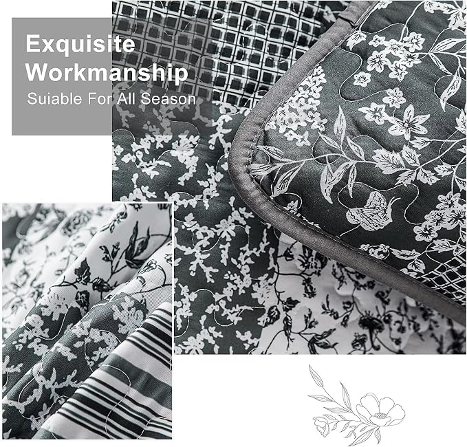 Mybedsoul Quilt California King Size, Patchwork Bedding Set, Black Grey | Soft Lightweight Microfiber Floral Boho Coverlet Set, 3 Pieces Plaid Bedspread, Bed Sets for All Seasons 110"x96"