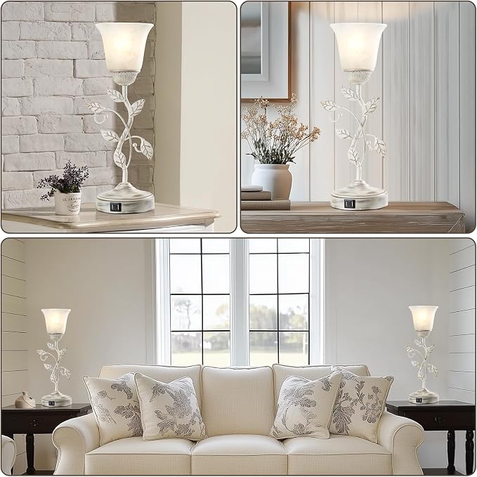 Set of 2 Rustic Touch Table Lamps for Bedroom 2 USB C+A | 3-Way Dimmable Nightstand Flower Lamp, Retro White Glass Shade Leaf Lamp for Living Room Entryway, 2 LED Bulb Included