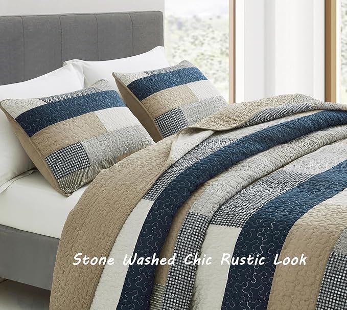 Chezmoi Collection Dylan 3-Piece Navy Blue White Gray Taupe Plaid Rectangular Patchwork Quilt Set - Pre-Washed Cotton Quilted Lightweight Reversible Bedspread for All Seasons, Super King Size 128x110