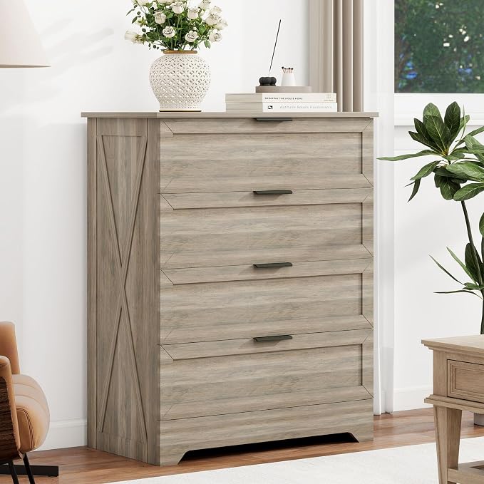 Farmhouse 4 Drawer Dresser for Bedroom, Tall Bedroom Dresser, Rustic Gray | Changing Table Dresser with Large Drawer, Wooden Storage Organizer Cabinet Chest of Drawer for Closet, Living Room, Hallway