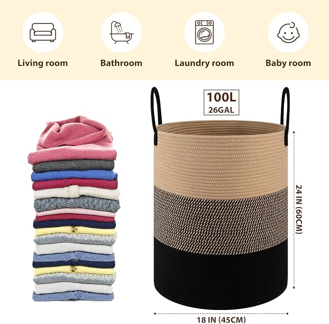 OIAHOMY 100L Nursery Hamper Laundry Basket Laundry Hamper Yellow/Black | collapsible Blanket Basket Cotton Rope Woven Basket Dirty Clothes Hamper Baby Hamper Tall Clothes Hamper with Handles