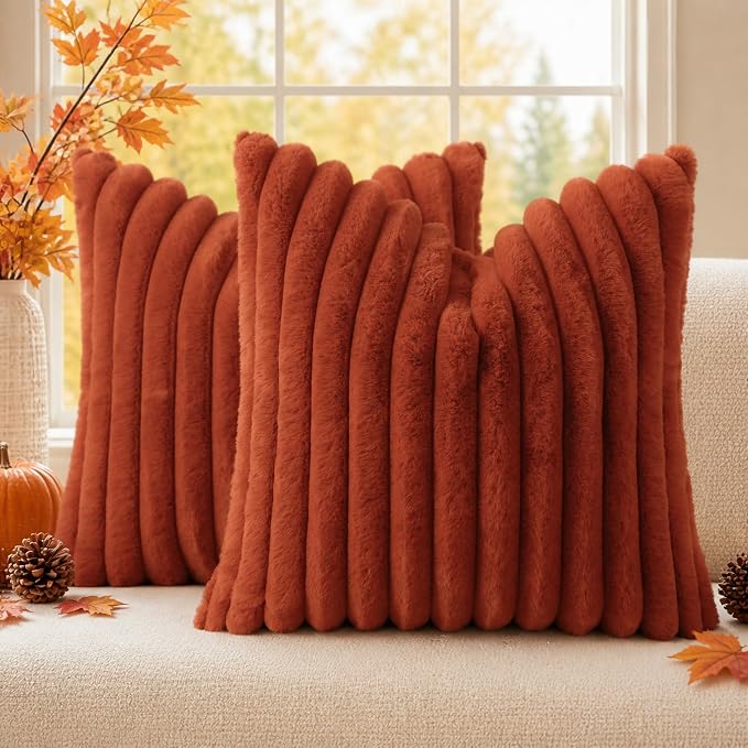decorUhome Fall Faux Fur Throw Pillow Covers 16x16 Set of 2 Rust | Decorative Soft Cozy Striped Plush Modern Farmhouse Boho Couch Pillow Cases Velvet Back for Sofa Bed Living Room Home Decor