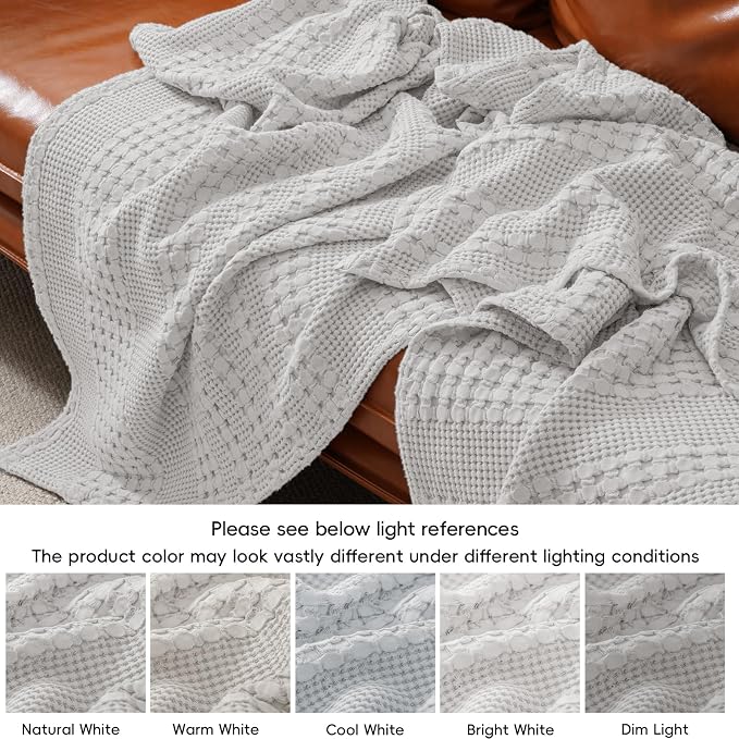 PHF Lightweight 100% Cotton Waffle Blanket for Bed, Queen, Light Grey | Pre-Washed Soft Cotton Comfort, Breathable Layering Warmth for Fall & Winter, Bed, Sofa, Couch, Home Decor & Gifts