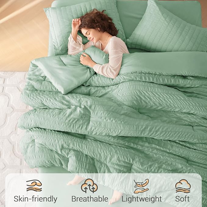 5 Pieces Twin XL Comforter Set, Seersucker Bed in a Bag Twin XL Size, All Season Luxury Bedding Set with Comforter, Flat Sheet, Fitted Sheet, Pillowcase & Sham, Sage Green