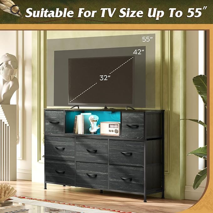 WLIVE Dresser TV Stand for 55 Inch TV, 8 Drawers, LED, Black Wood Grain | Fits TVs up to 55 inch, 8 fabric drawers, Built-in power outlet, Chest of drawers, Living room or bedroom