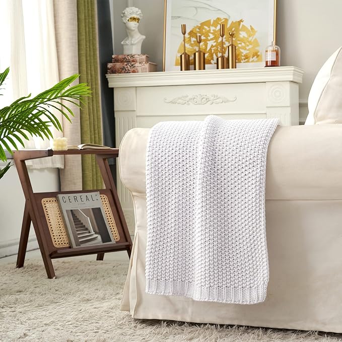 Chunky Cable Knit Throw Blanket Lightweight White 100% Organic Cotton Blanket for Sofa Couch Bed Baby Nursery, Rustic Shabby Chic Modern Farmhouse, Pure White 60” x 80” Give Laundering Bag