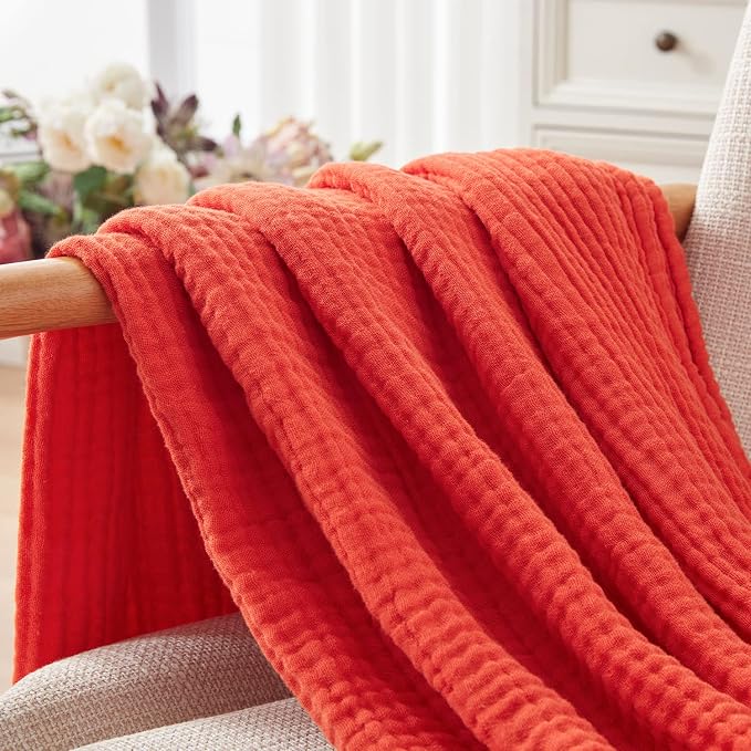 EMME Muslin Blankets for Adults Throw Blanket for Couch Breathable Gauze Soft Lightweight Airy Orange Rust Queen 90" x 90"
