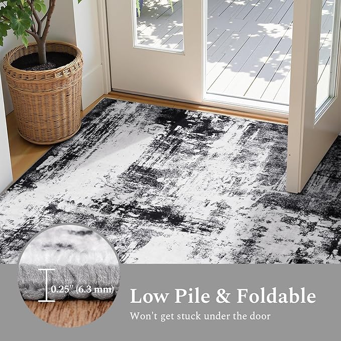 Rugflix 4x6 Area Rugs for Living Room, Washable Black Grey Dark Large Rug | Machine Washable; Stain-Resistant; Low Pile; Non-Slip; Modern Abstract; Carpet for Bedroom Dining Office Nursery Home