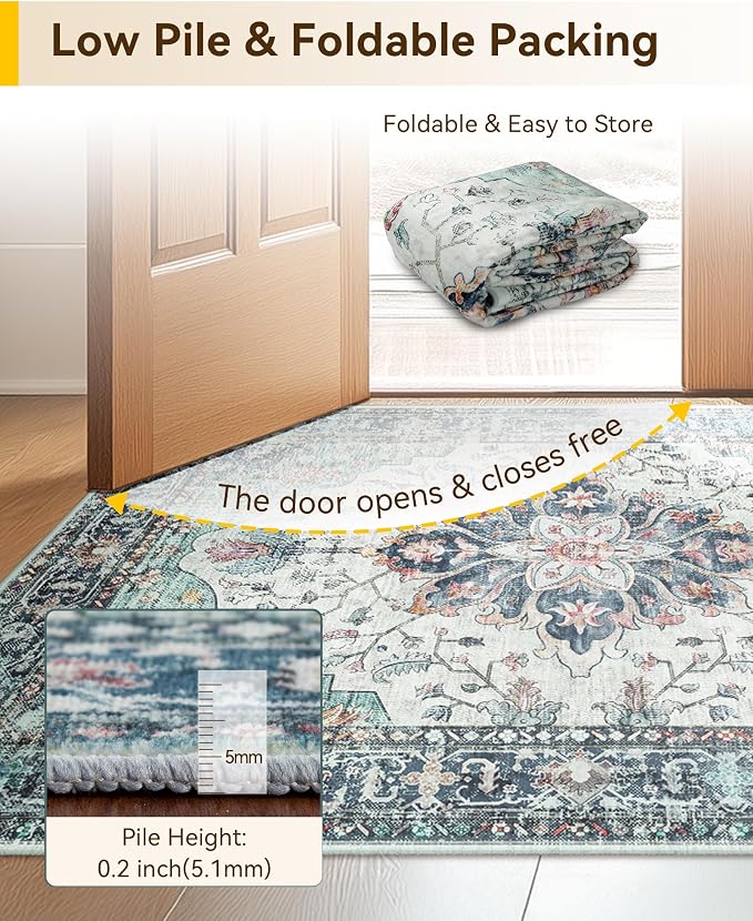RELEANY Washable Area Rug, Small 2'6"x4', Teal Green/White/Navy | Non-Slip, Water Repellent, Pet Friendly, Easy to Clean, Vintage Floral Boho Decor for Kitchen Entryway Bathroom