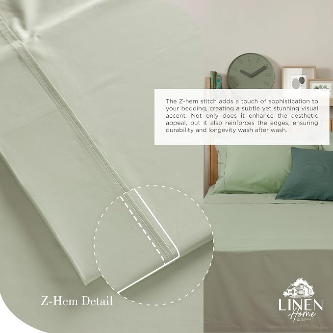Linen Home 100% Cotton Percale Sheets Twin Size Pack of 2, Sage, Deep Pocket, 6 Pieces Set- 2 Flat, 2 Fitted and 2 Pillowcases, Crisp Cool and Long Staple Strong Bed Linen
