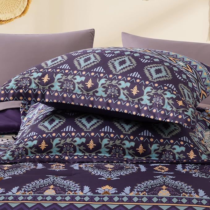 Queen Comforter Set - 7 Pieces Boho Bedding Set Aztec Bed in A Bag | Southwestern Bedding, All Season Tribal Bed Set with Comforter, Sheets, Pillowcases & Shams, Dark Purple