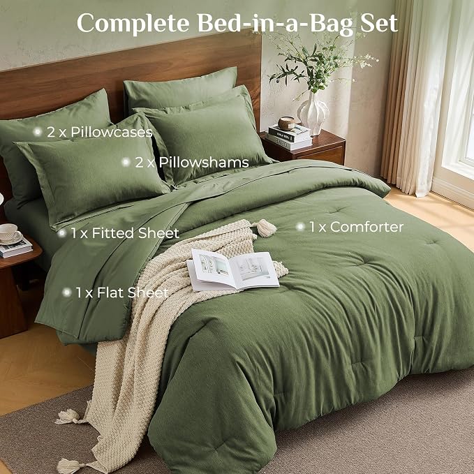 JOLLYVOGUE Queen Comforter Set 7 Pieces Dark Green, Cationic Dyeing Bed in a Bag Queen, Double-Tone Bedding Set with Down Alternative Comforter, Sheets, Pillowcases & Shams