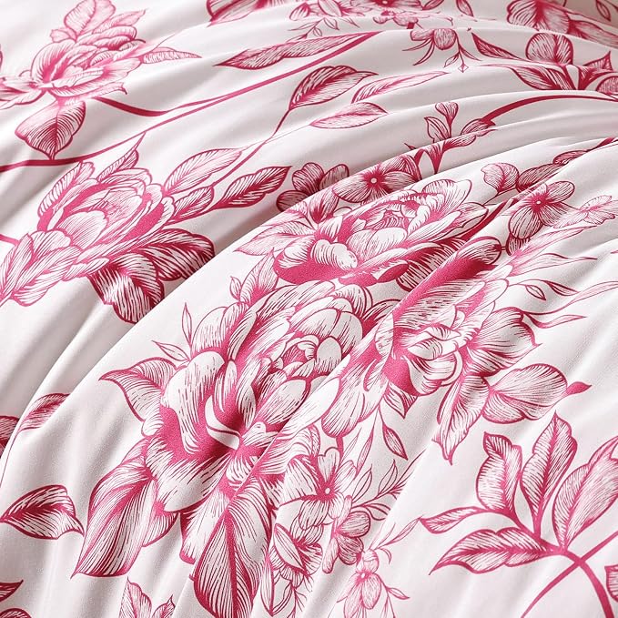JANZAA Queen Size Comforter Set - Pink Peony Floral Shabby Chic Bedding | 3 Piece Cute Floral Bedding for All Season, 1 Soft Fluffy Breathable Microfiber Comforter Set with 2 Pillowcases