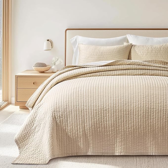 EVERGRACEHOME Cotton Sateen Quilt Set, Queen Size, Light Sand | 100% Cotton, Channel Stitch Coverlet Bedspread, Pre-Washed Lightweight Soft Bedding Set for All Season, 3 Piece, with 2 Shams