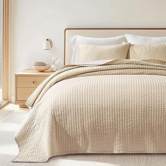 EVERGRACEHOME Cotton Sateen Quilt Set, Queen Size, Light Sand | 100% Cotton, Channel Stitch Coverlet Bedspread, Pre-Washed Lightweight Soft Bedding Set for All Season, 3 Piece, with 2 Shams