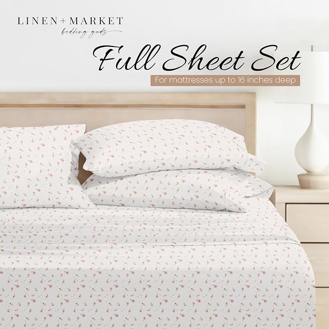 Linen Market Double-Brushed Patterned Microfiber Full Sheet Set 4 Piece – Oeko-TEX Certified Ultra Soft & Wrinkle-Free - 16" Deep Pocket Sheets - Easy Care Full Size - Soft Floral Pink