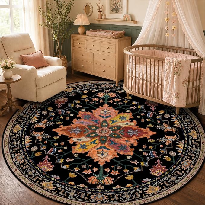 RELEANY Washable Area Rug, Round 5ft, Black/Colorful | Non-Slip, Water Repellent, Pet Friendly, Easy to Clean, Vintage Floral Boho Decor for Living Room Bedroom Dining Room