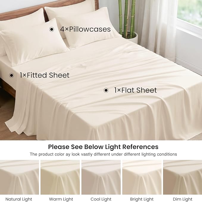 Love's cabin 6 Piece Queen Sheet Set, 100% Rayon Derived from Bamboo, Cooling & Breathable, Soft Silky Deep Pocket up to 16", Hotel Luxury Bedding for Hot Sleepers, Beige