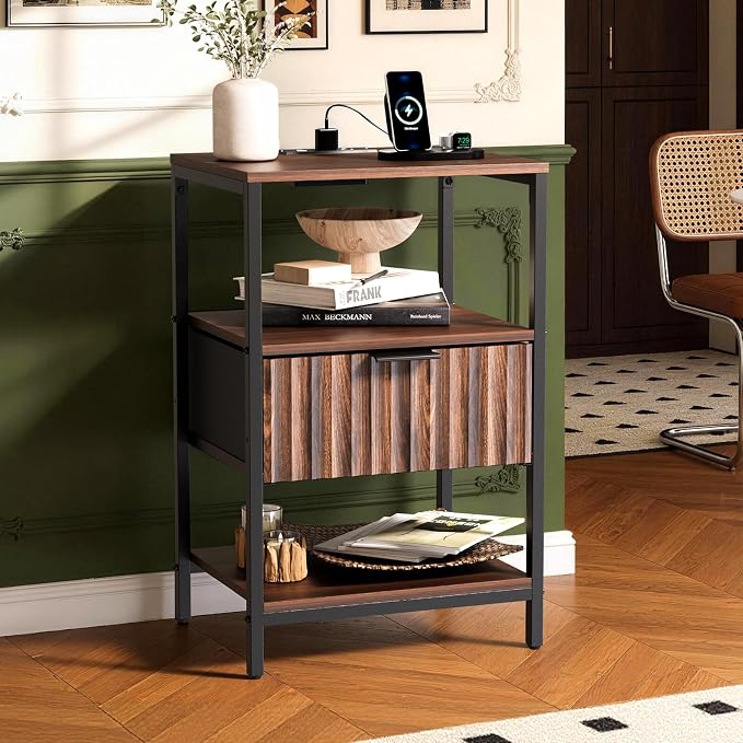 VINGLI Nightstand with Charging Station and Fabric Drawer, Walnut Nightstand Fluted with Drawer, Bedside Table/End Table with Charger Station, Side Table Bedroom, Small Night Stand Dark Walnut, 1 pc