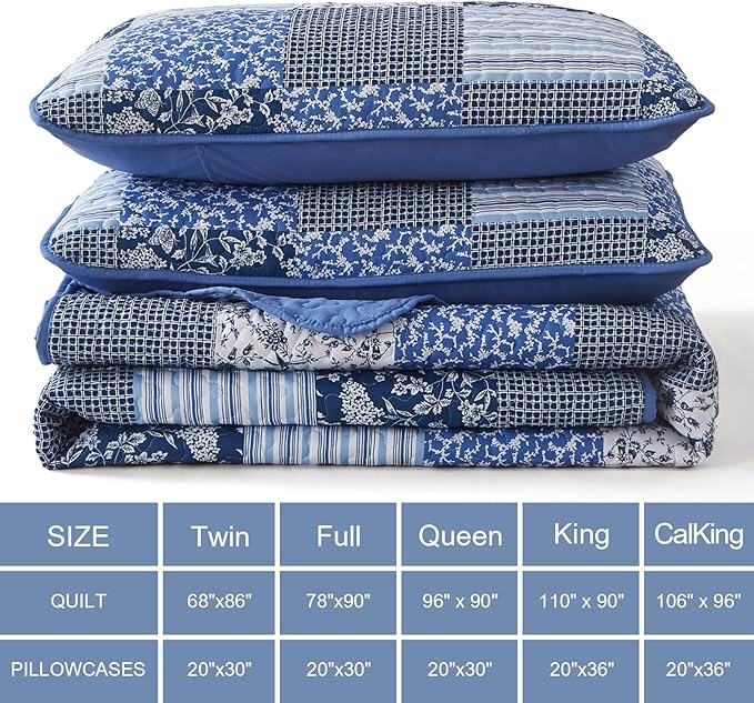 Mybedsoul Boho Quilts Queen Size, Patchwork Floral Bedding Set, Blue | Soft Lightweight Microfiber Coverlet Set, 3 Pieces Plaid Reversible Bedspread, Bed Sets for All Seasons 90"x96"