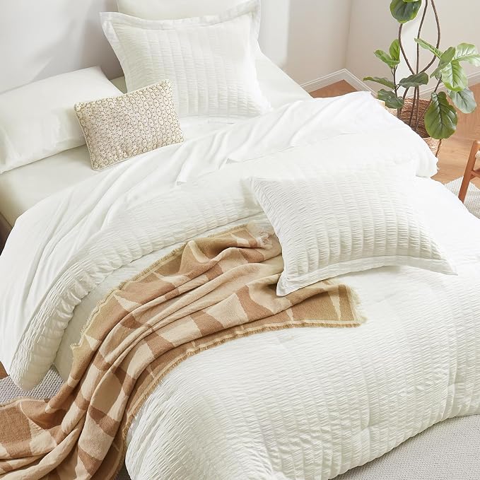 Queen Comforter Set, 7 Pieces Ivory Seersucker Bed in a Bag | OEKO-TEX Certified, All Season Bedding Set with 240 GSM Down Alternative Comforter, Flat & Fitted Sheets, Pillowcases & Shams