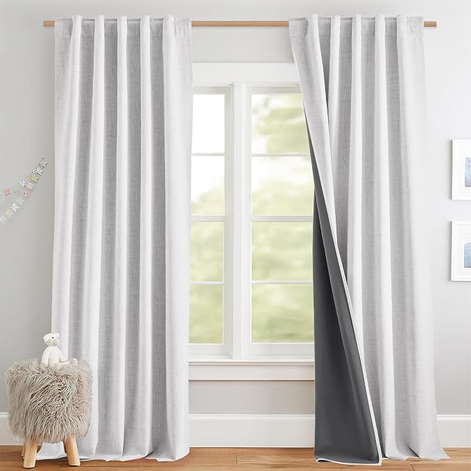 NICETOWN 100% Blackout Linen Curtains 84" Long 2 Panels, Greyish White | Boho-Chic Thick Linen Blend, Thermal Insulated Privacy Window Drapes for Bedroom, Living Room, W42" x L84" Each