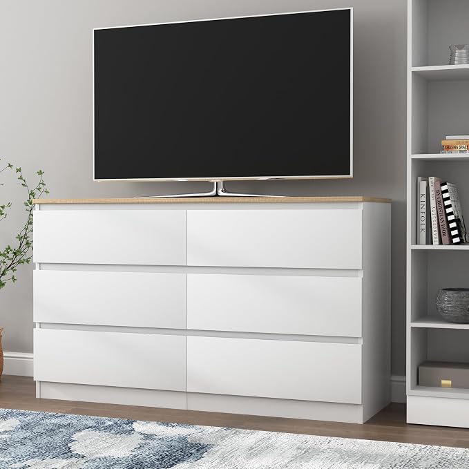 Vibe & Dine White Dresser for Bedroom, Modern 6 Drawer Double Dresser, Wide Chest of Drawers Free Handles for Closet, Living Room, Hallway