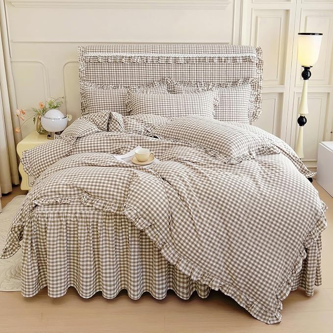 LifeTB Queen Comforter Set Tan Gingham Comforter Ruffle Beige Taupe Plaid Comforter Set 3 Pieces Fluffy Vintage Checkered Grid Bed Comforter with 2 Pillowcases Gingham Bedding Set Queen