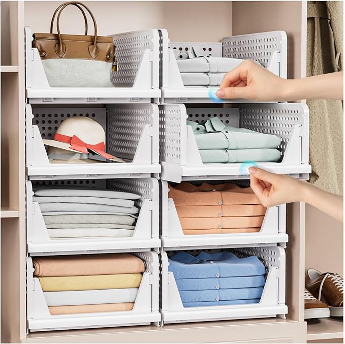 5 Pack Stackable Closet Storage Basket - Stackable Storage Bins | Multifunctional & Foldable Closet Organizer Waterproof, Wardrobe Cupboard Space-Saving Storage Drawer Organizer