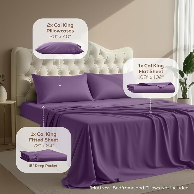 California King Sheets Set, 4 Pieces 16" Deep Pocket Bed Sheets, Egg Plant | Extra Soft Bedsheet Set, Comfy & Breathable Cooling Sheets, Wrinkle & Fade Resistant, Fitted Sheet, Flat Sheet, 2 Pillowcases