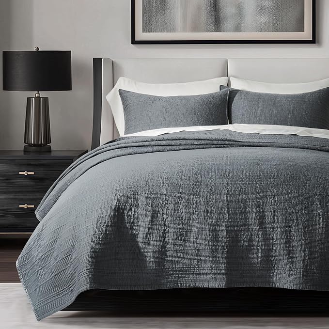 EVERGRACEHOME Cotton Sateen Channel Quilt Set, Queen Size, Midnight Blue | 100% Cotton, Pre-Washed Soft Coverlet Bedspread, 3-Piece Refined Channel Stitch Bedding Set for All Season, 2 Pillow Shams