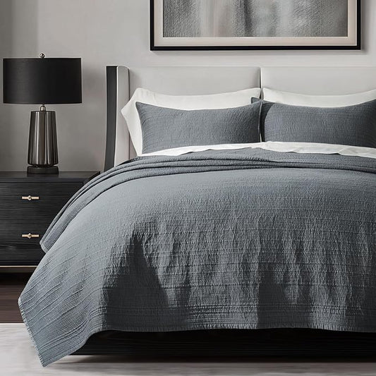 EVERGRACEHOME Cotton Sateen Channel Quilt Set, King Size, Midnight Blue | 100% Cotton, Pre-Washed Soft Coverlet Bedspread, 3-Piece Refined Channel Stitch Bedding Set for All Season, 2 Pillow Shams