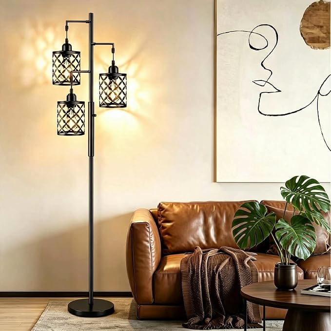 72" Industrial Tree Floor Lamp, Dimmable Farmhouse Tall Stand Light with Metal Cages & Rotary Dimmer Knob, Corner Decor Lighting for Living Room Bedroom Cafe, 3 x 800LM Bulbs Included-Black