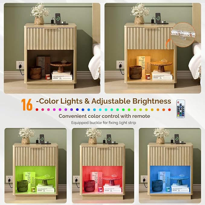 VINGLI 19"W Nightstands Set of 2 with Charging Station, LED Nightstand Fluted with Rounded Edge, Mid Century Modern Nightstand for Bedroom, Fluted Bed Side Table, Oak Night Stand, 18.9"W*15"D*22.4"H