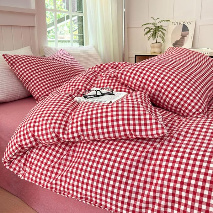 LifeTB Red Gingham Comforter Set Twin XL Modern Style Red Plaid Comforter Set 3 Pieces Soft Fluffy Grid Checkered Pattern Comforter with 2 Pillowcases Farmhouse Gingham Bedding Set Breathable