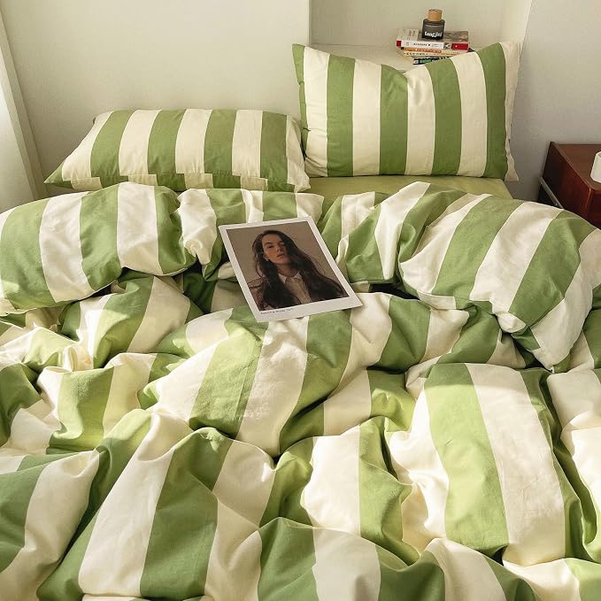 LifeTB Striped Comforter Set Queen Green White Stripes Pattern Printed Comforter 3 Pieces Lightweight Bedding Comforter with 2 Pillowcases Breathable Soft Comfy Farmhouse Striped Comforter Set
