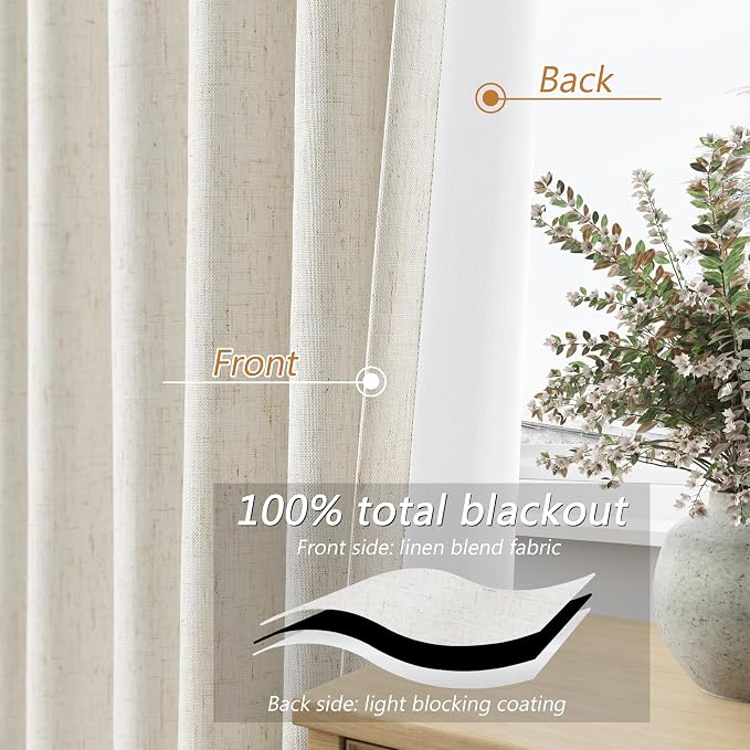 100% Blackout Linen Curtains for Bedroom 72 Inches Long Natural Cream Black Out Curtain Back Tab Thermal Insulated Room Darkening Window Drapes for Living Room 2 Panels Beige Ivory 52x72