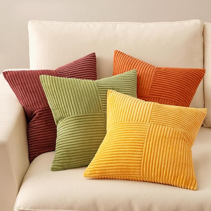 MIULEE Fall Yellow Orange Rust Throw Pillow Covers 18x18 Inch 4 Packs Boho Farmhouse Decorative Color-Clash Pillow Cases Soft Cushion Cases for Couch Sofa Bed Corduroy Striped Home Decor
