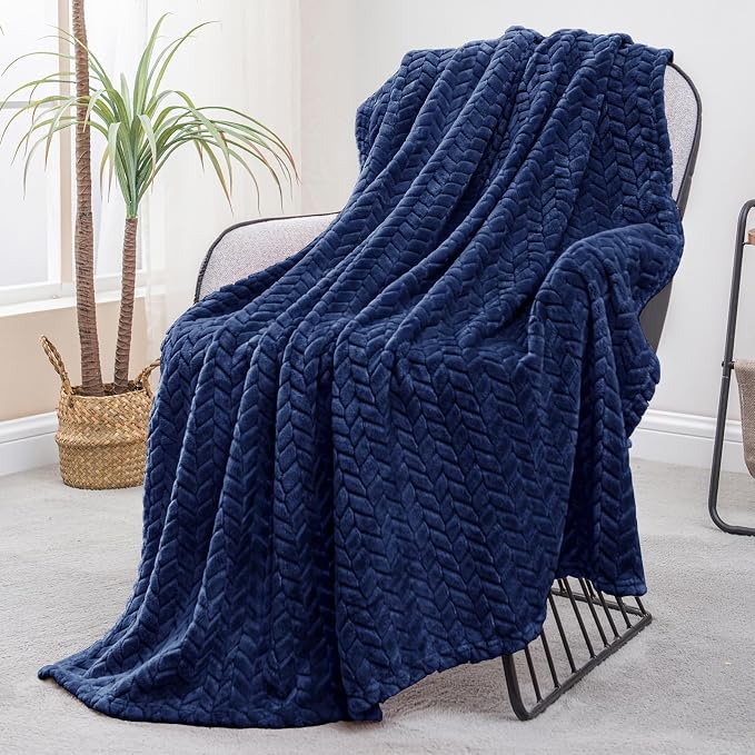 Exclusivo Mezcla Fleece Throw Blanket for Couch Sofa, 50”x70”, Navy Blue | Oversized Soft Cozy Fluffy Blankets for Summer, Decorative Plush Flannel Throws for Living Room, Bedroom with Leaves Pattern