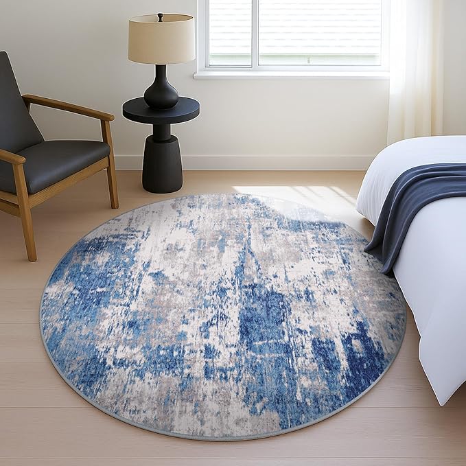 RELEANY Washable Round 8ft Area Rug for Living Room Blue Gray | Carpet for Bedroom, Kitchen, Office, Hallway and Entryway, Printed Pattern, Non‑Slip, Soft, Stain‑Resistant, Easy to Clean
