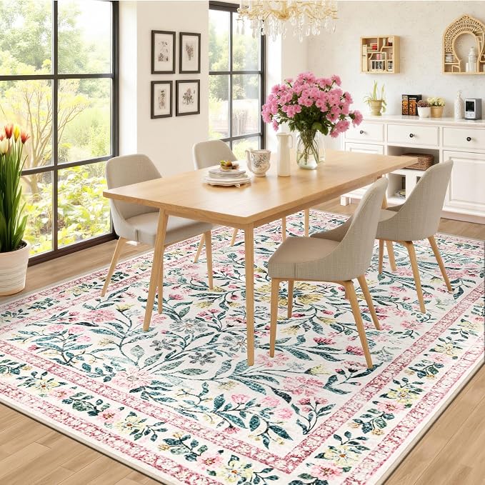 PLHXFR 8x10 Area Rug Living Room: Floral Washable Boho Carpet Pink Green | For Bedroom Dining Room Farmhouse Nursery Hallway,Vintage Floral,Machine washable,Non Slip,Stain Resistant,Large Indoor