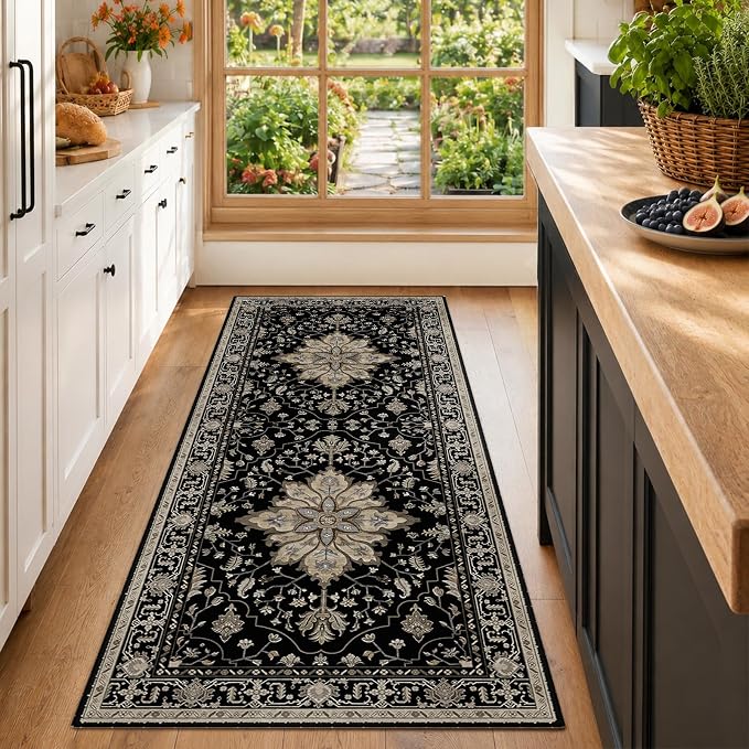 RELEANY Washable Area Rug, Runner 2'x6', Black/Neutral | Non-Slip, Water Repellent, Pet Friendly, Easy to Clean, Vintage Floral Boho Decor for Kitchen Entry Bedroom Bedside Laundry