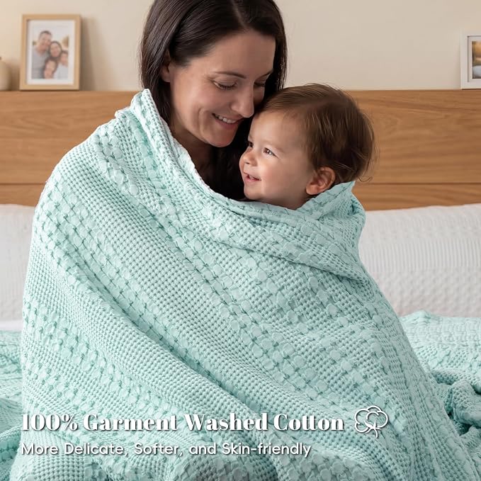 PHF Lightweight 100% Cotton Waffle Blanket for Bed, King, Mint | Pre-Washed Soft Cotton Comfort, Breathable Layering Warmth for Fall & Winter, Bed, Sofa, Couch, Home Decor & Gifts