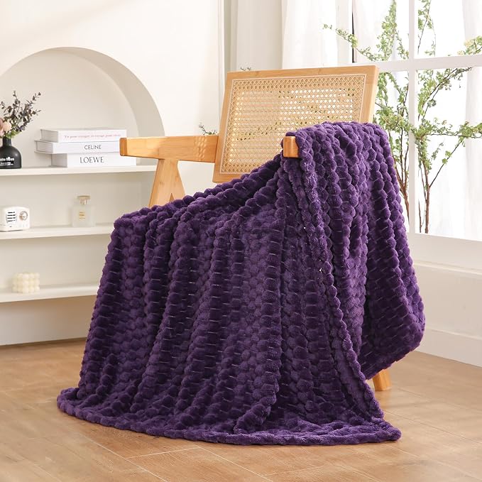 Puncuntex Deep Purple Throw Blanket 50"×60" Fuzzy 3D Jacquard Decorative | Flannel Fleece Super Soft Plush Cozy Blanket for Couch Sofa Chair Lightweight