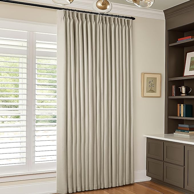 Burlywood Birch Pleated Blackout Linen 92 Inch Long Curtains 60 Inch Wide | 100% Black Out, Memory Trained, Pinch Pleat with Back Tab, Energy Efficient, Thermal Insulated Neutral Drapes W60xL92 1 Panel