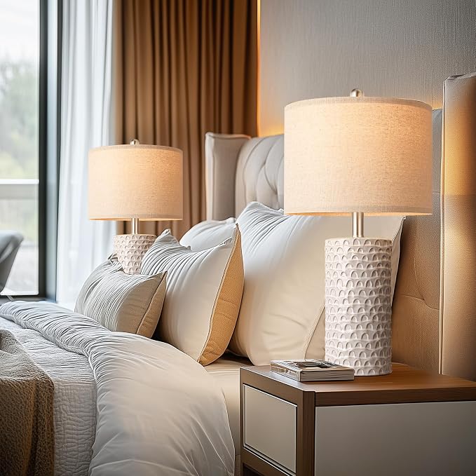 23" Modern Ceramic Table Lamp Set of 2, Table Lamps for Living Room, Rustic Farmhouse Bedside Lamps Nightstand lamp for Bedroom, White Desk Lamp for End Table Home Decor Beige